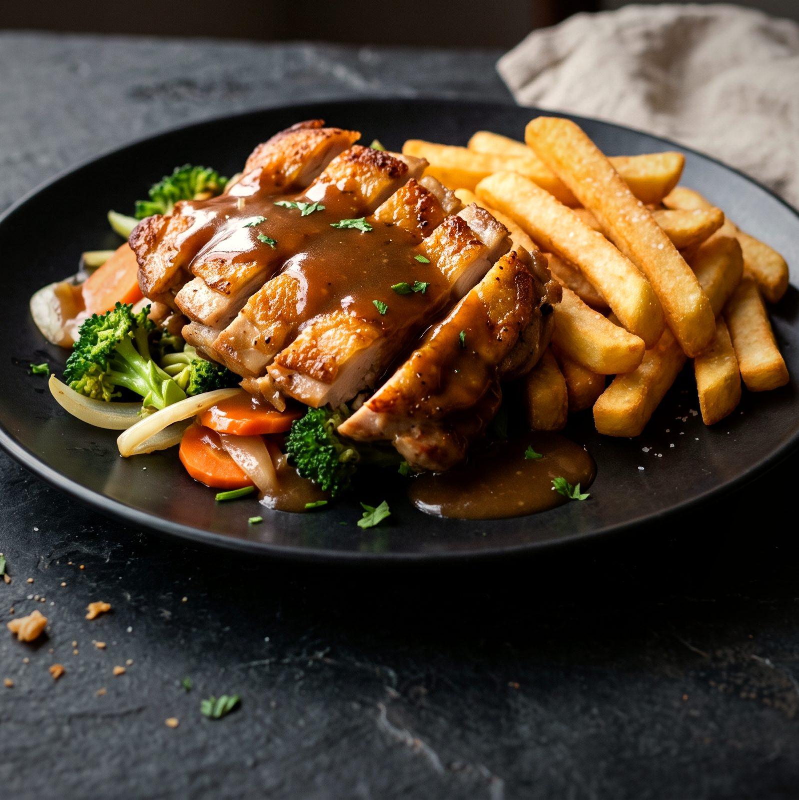 Chicken with Gravy & Chips (AI-generated illustration)