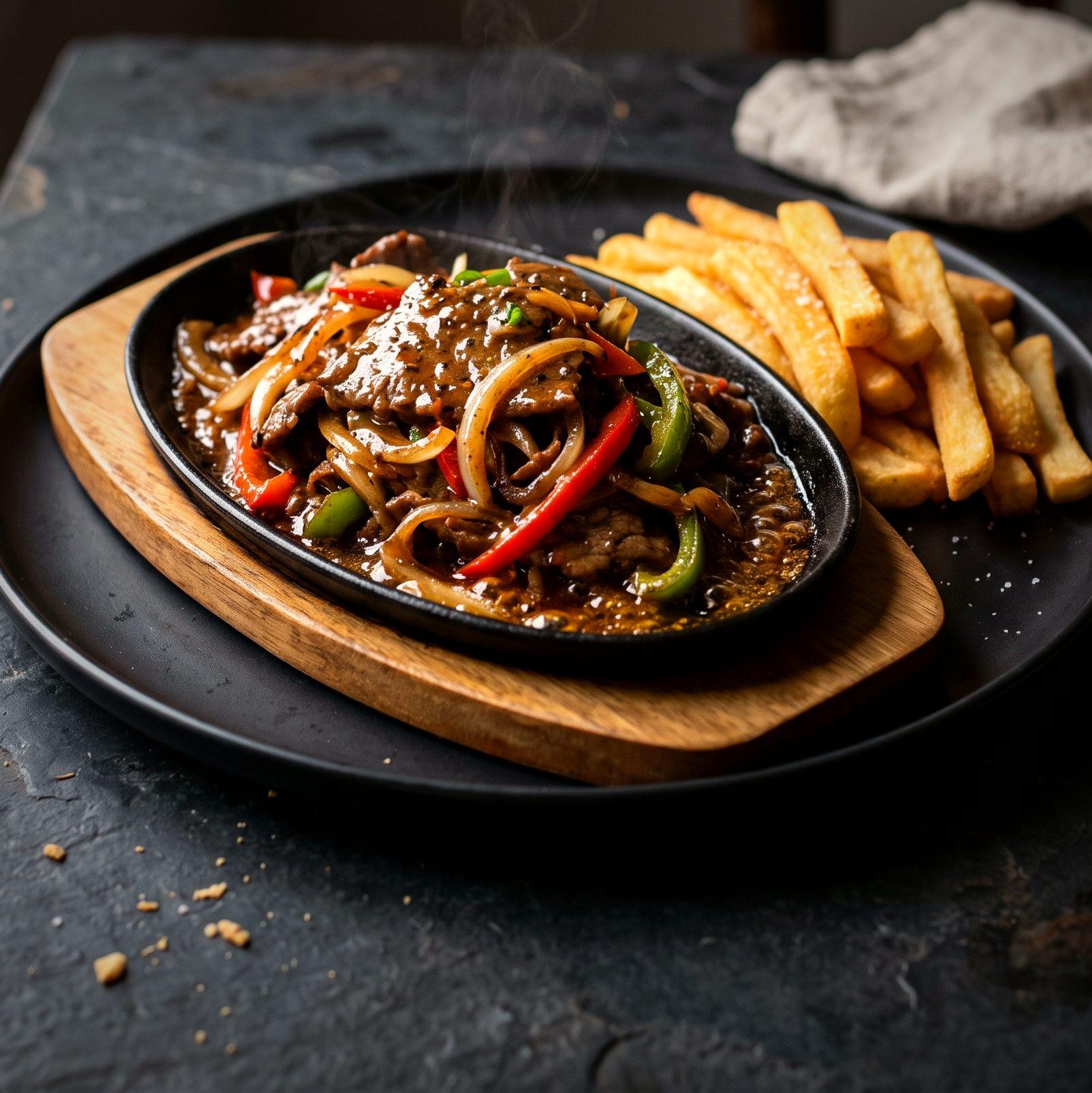 Sizzling Beef with Chips (AI-generated illustration)