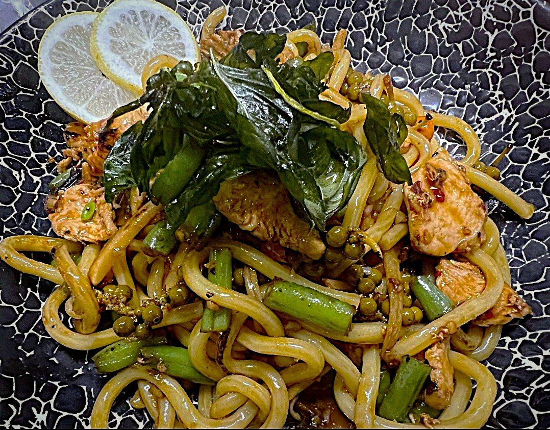 Drunken noodles with crispy holy basil