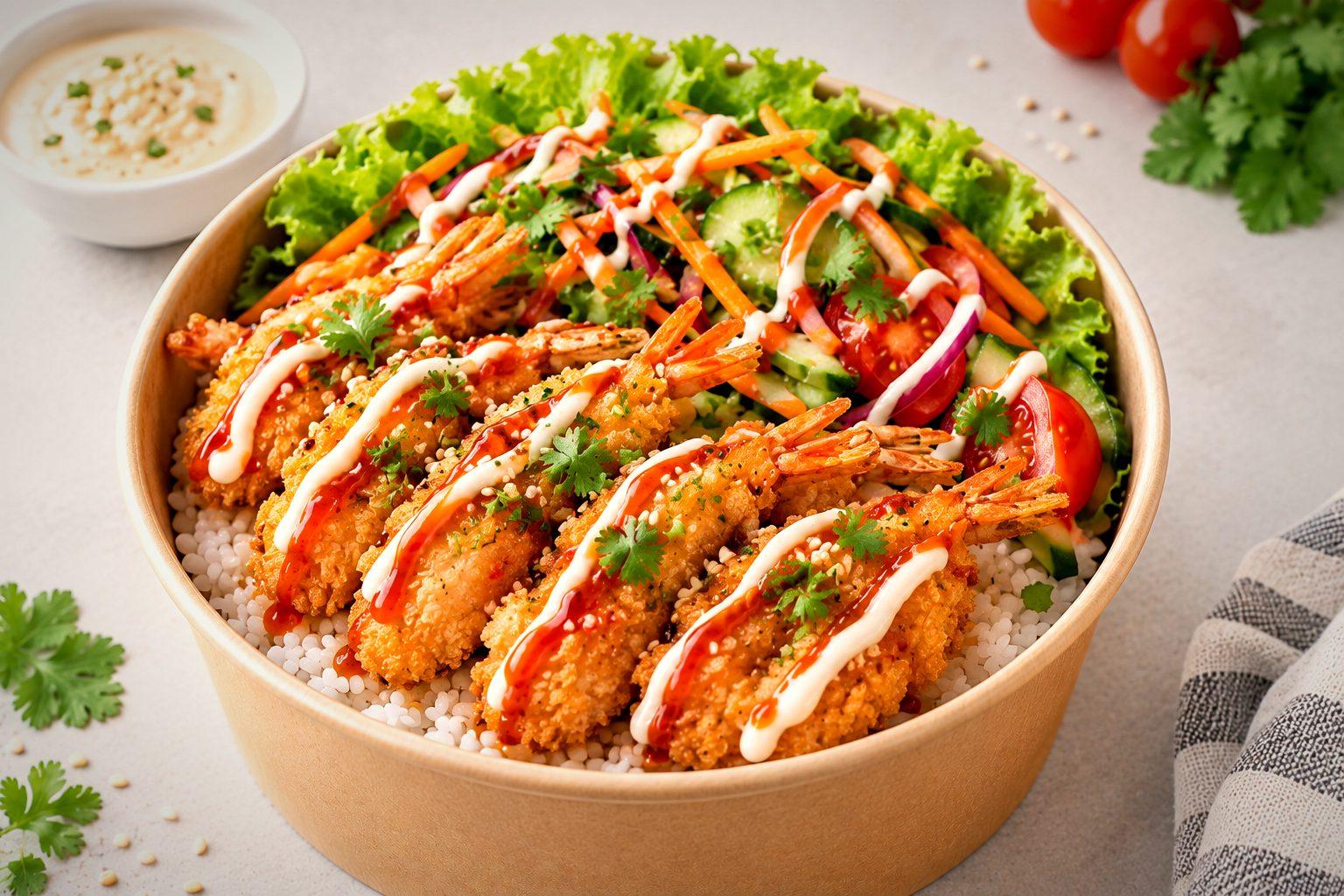 Rice bowl salad with crispy prawns